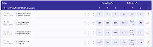 Live stávky a skóre zápasov Austrálskej Národnej Premier League v reálnom čase Prehľad živých futbalových zápasov v Austrálskej Národnej Premier League s aktuálnymi výsledkami a kurzmi