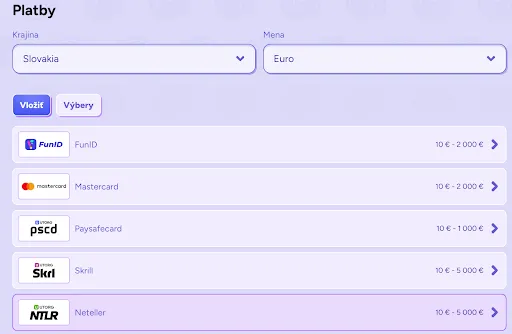 Platby v Spinbara Slovensko – Rýchle vklady cez FunID, Mastercard, Paysafecard, Skrill a Neteller v eurách Dostupné platobné metódy pre hráčov zo Slovenska: FunID, Mastercard, Paysafecard, Skrill, Neteller s limitmi od 10 € do 5 000 €