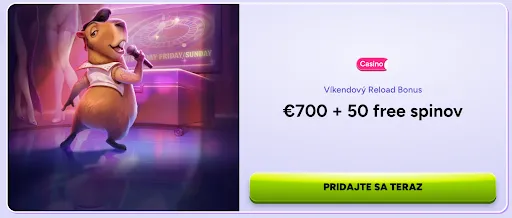 Získajte víkendový reload bonus: €700 + 50 free spinov Kapybara spieva karaoke počas víkendového bonusu v kasíne