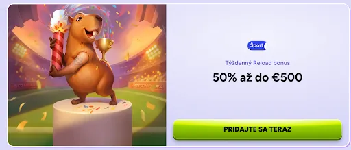 Týždenný športový reload bonus – 50 % až do 500 € pre aktívnych hráčov Maskot kasína s trofejou a raketou oslavuje na štadióne počas promo akcie