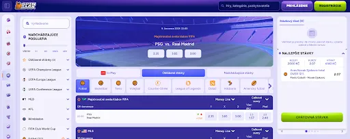 Kurzová ponuka a stávkové možnosti pre zápas PSG – Real Madrid v rámci Majstrovstiev sveta klubov FIFA Stávková stránka zobrazujúca nadchádzajúci zápas PSG vs. Real Madrid s kurzami a tipmi na výsledky