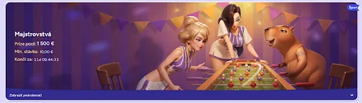 Majstrovstvá – Prize pool 1 500 €, minimálna stávka 10 €, športové turnaje Dve hráčky a kapybara súťažia vo foosballe počas majstrovstiev