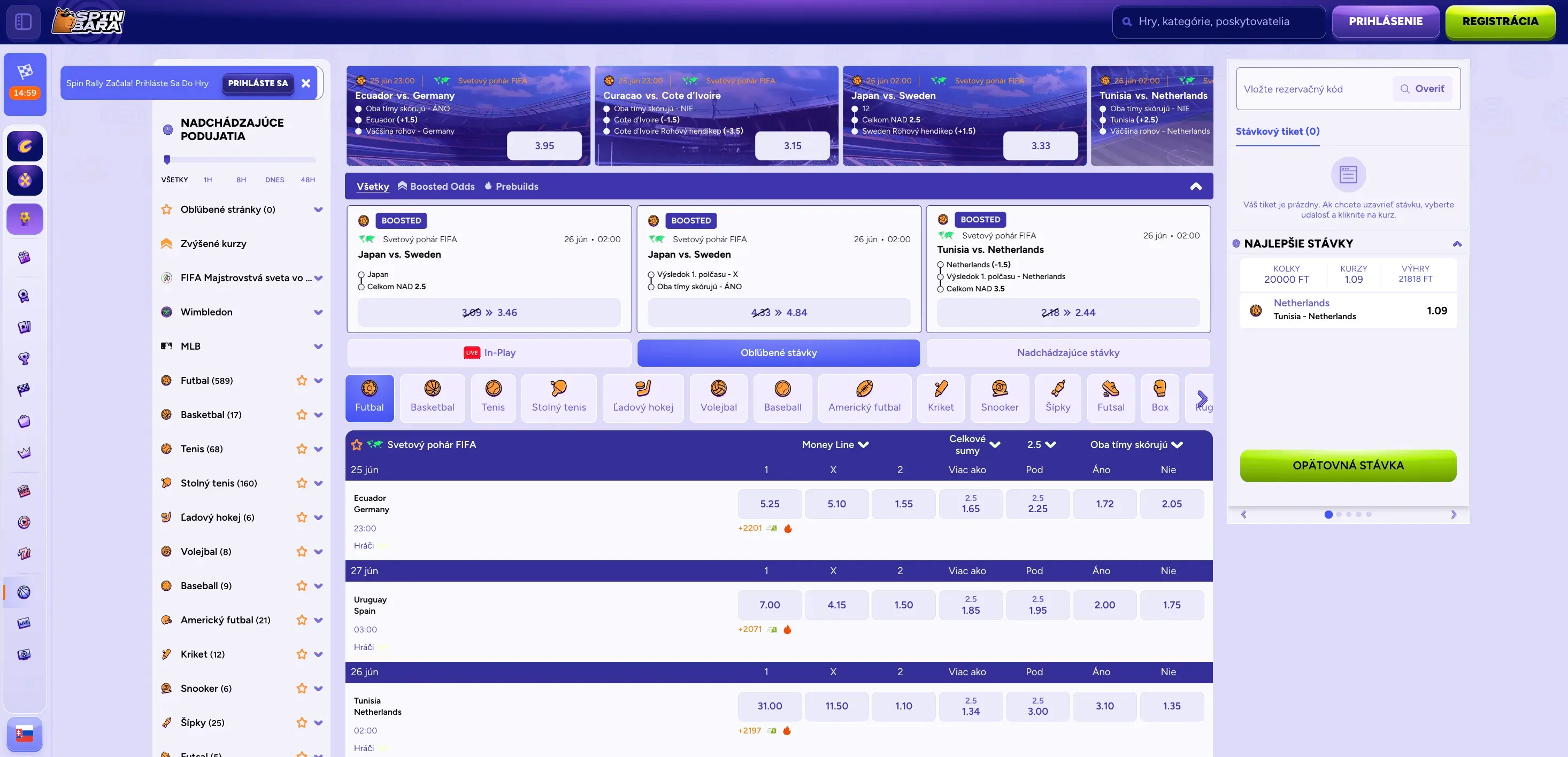Stávkovanie na športy v Spinbara casino