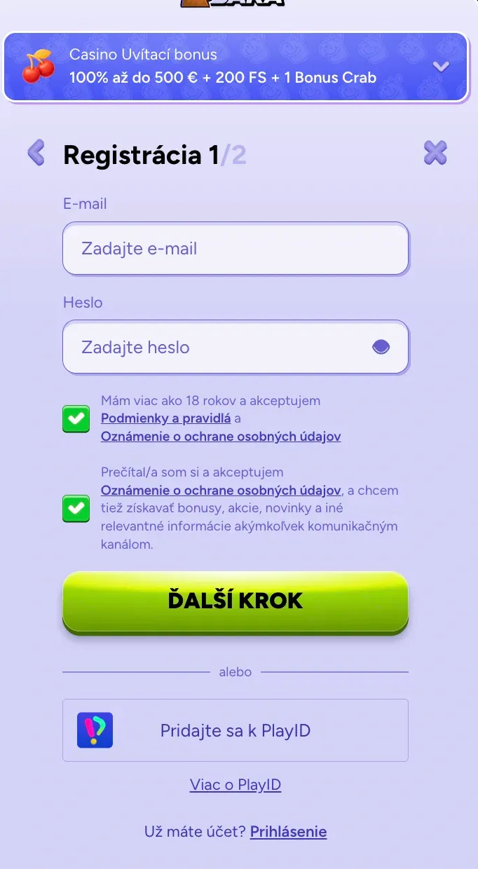 Registračný formulár v Spinbara
